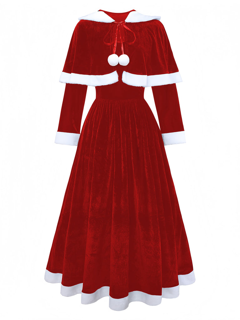 Grün 1930er Frau Weihnachtsmann Samt Kleid mit Kap