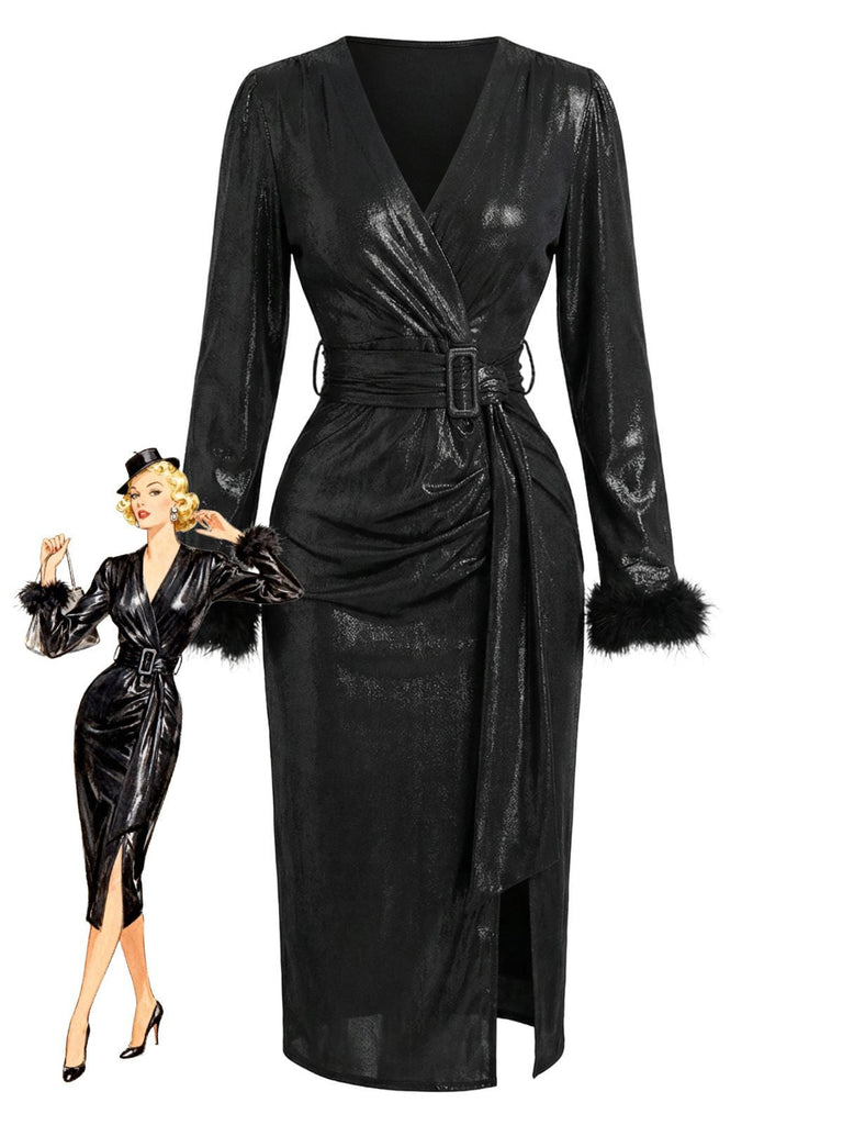Schwarz 1960er Kunst Leder Gürtel Feder Ärmel Kleid