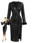 Schwarz 1960er Kunst Leder Gürtel Feder Ärmel Kleid
