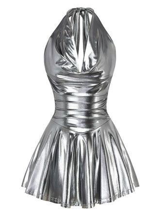 1970er Metallic V-Ausschnitt Plissiertes Mini Dress