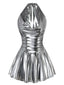 1970er Metallic V-Ausschnitt Plissiertes Mini Dress