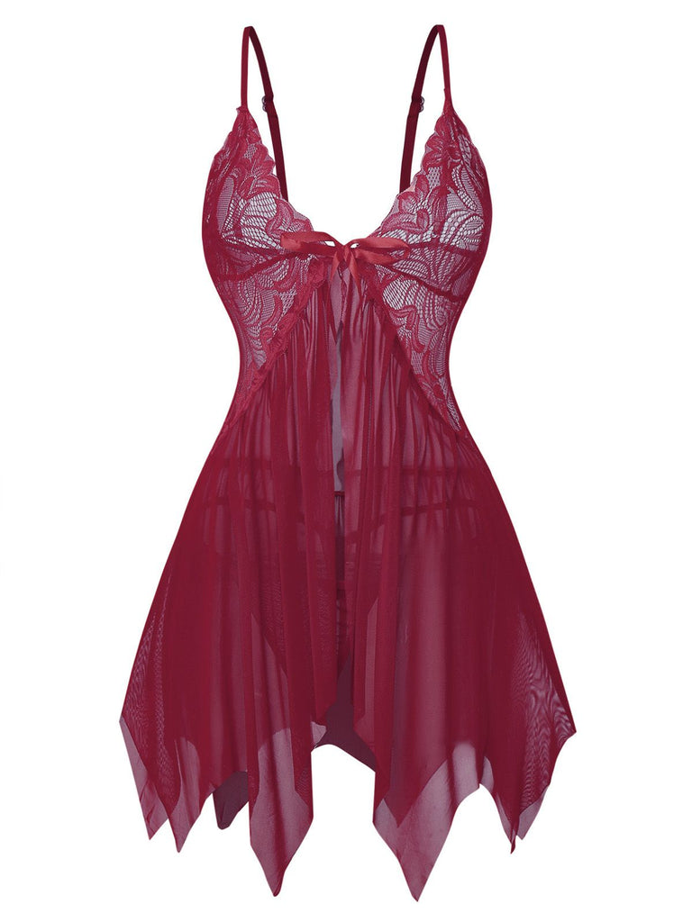 1980er Spitze Satin Band Babydoll Dessous Set