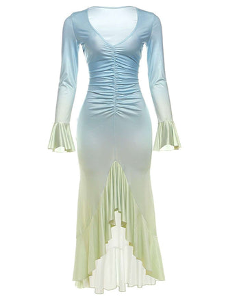 Ombre 1980er Gerüschtes Rüschen-Hem Langarm Maxi Kleid