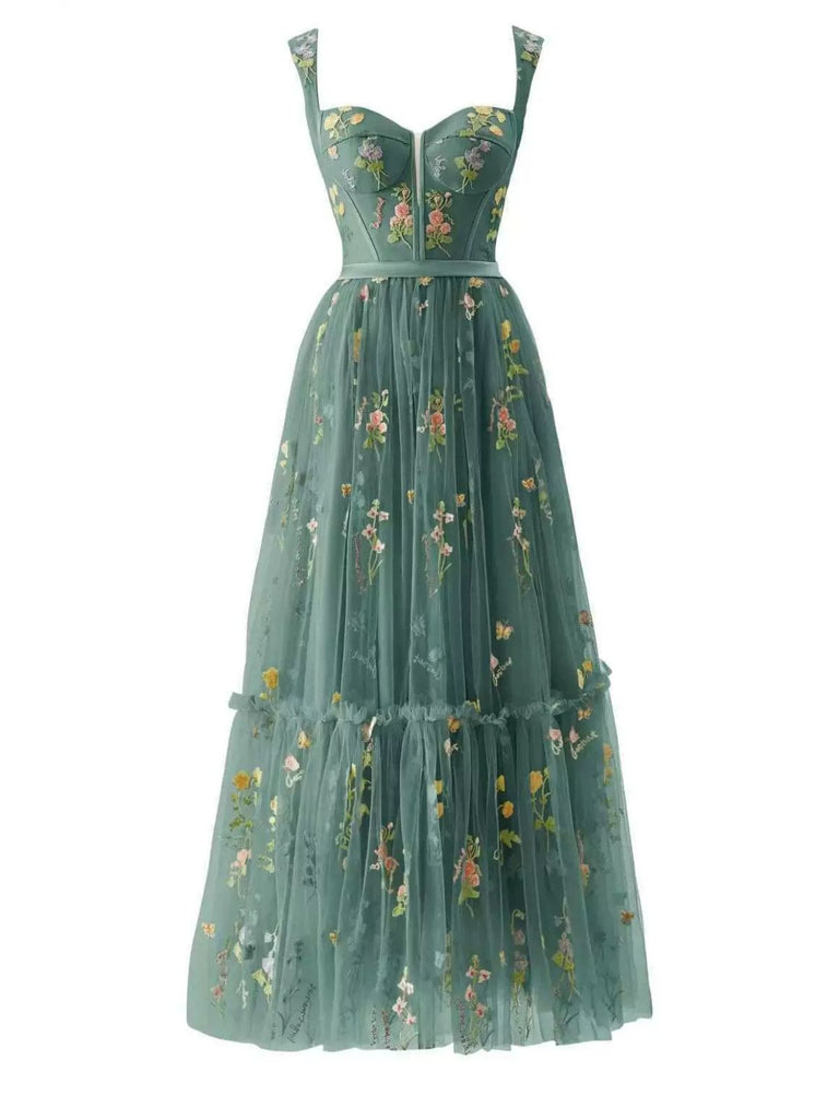Gelb 1930er Blumen Netz Stäbchen Schnürung Kleid