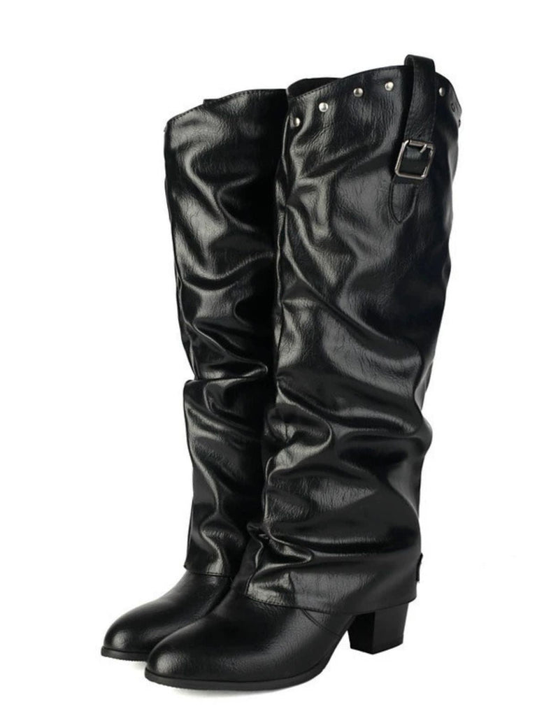 Vintage Genietet Schnalle Wadenmitte Stiefel