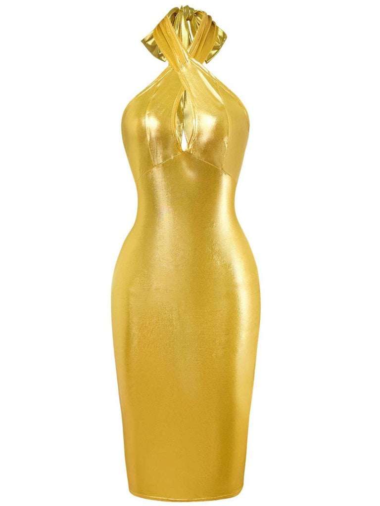 1960er Metallisch Halter Schlüsselloch Figurbetontes Kleid