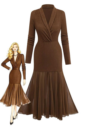 1930er V-Ausschnitt Texturiert Netz Saum Meerjungfrau Kleid