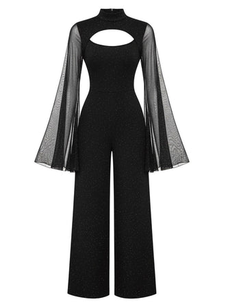[Vorverkauf] Schwarz 1930er Glitzernd Cutout Jumpsuit mit Umhang
