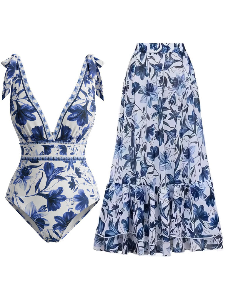 [Vorverkauf] Blau 1940er Blumen Schulterband Einteiliger Badeanzug & Cover-Up