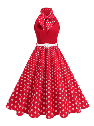 1950er Bogen Binde-Hals Polka Punkte Gürtel Kleid