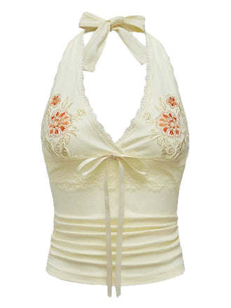 Elfenbein 1980er Bestickt Spitze Blumen Halter Top