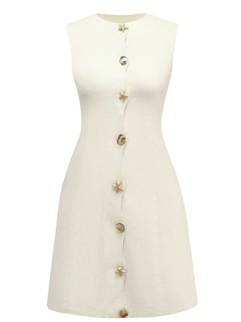 Beige 1960er Seestern Hülse Tasten Ärmellos Kleid