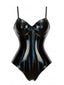 Schwarz 1980er Spaghetti Träger Leder Bodysuit