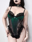 Dunkelgrün 1970er Gothic Samt Spitze Kreuz Bodysuit
