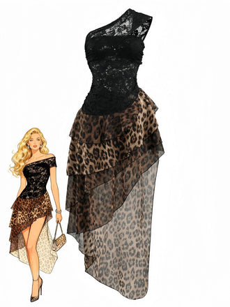Schwarz 1980er Spitze Leopard Druck Asymmetrisch Kleid