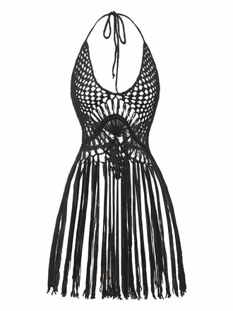 Schwarz 1960er Häkeln Fransen Cutout Halter Bikini Cover-Up