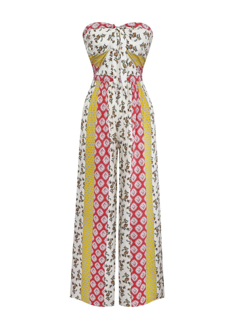 1970er Trägerlos Blumen Geometrisches Muster Boho Jumpsuit