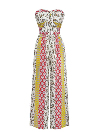 1970er Trägerlos Blumen Geometrisches Muster Boho Jumpsuit