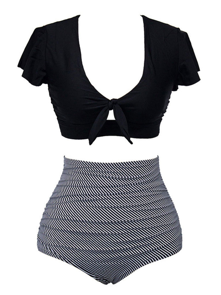 [Übergröße] 1950er Rüschenärmel Schnürung Patchwork Badeanzug