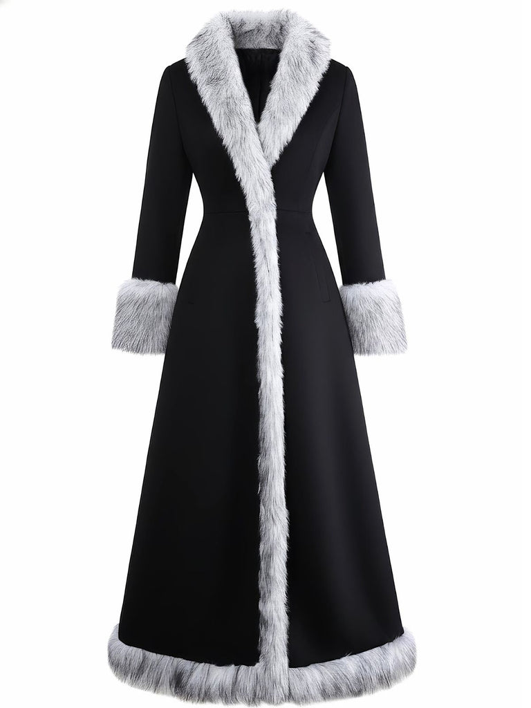 Schwarz 1930er Faux Pelzbesatz Maxi Mantel