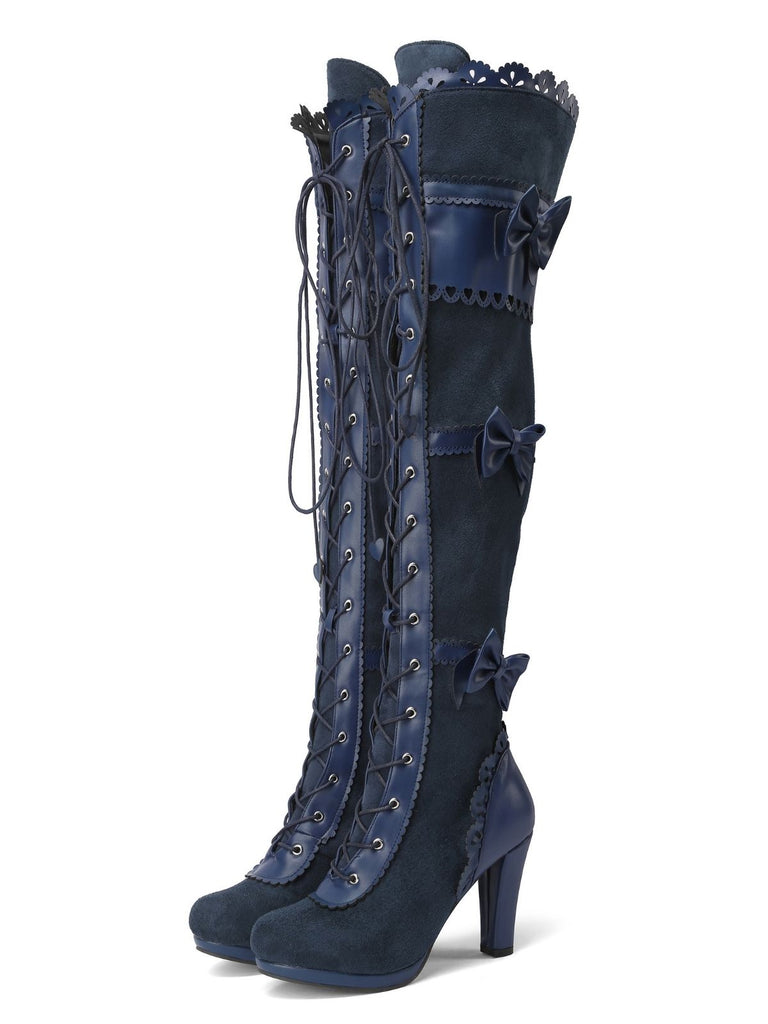 Vintage Bogen Schnürung Lange Stiefel mit hohem Absatz