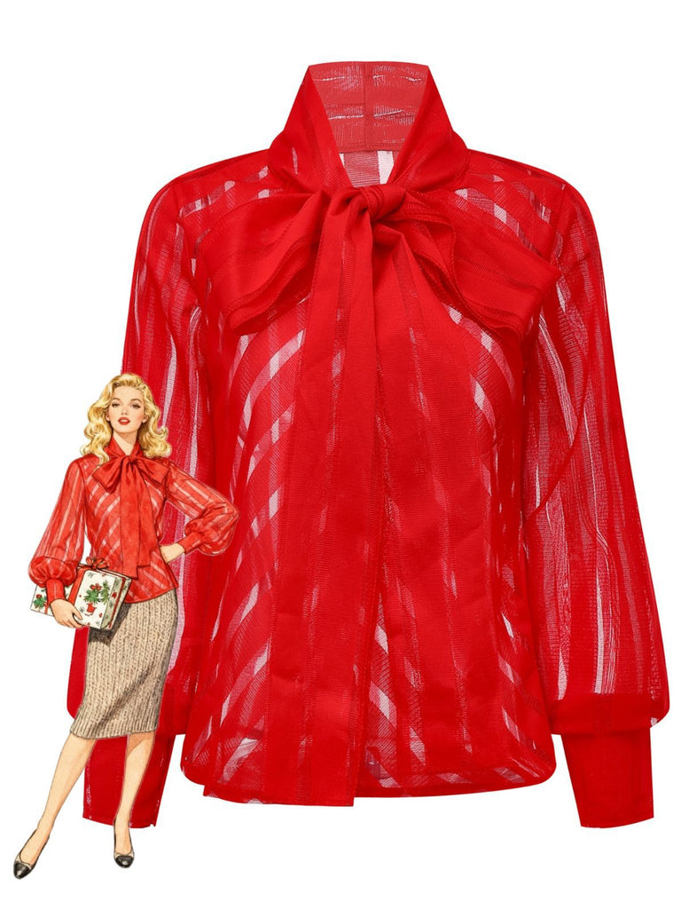 1980er Solide Sheer Netz Streifen Bogen Tie Bluse