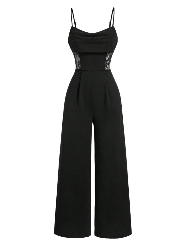 Schwarz 1950er Solide Schalkragen Spitze Patchwork Jumpsuit