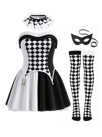 Schwarz-weißes 80er Harlekin-Korsettkleid