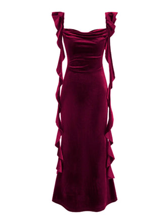 1940er Samt Schleife Träger Rüschen Detail Kleid