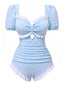 Blue 1940er Kleine Blumen Rüschen Badeanzug