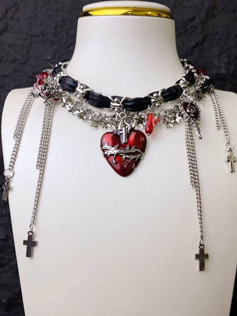 Gothic Dornenherz Leder Kreuz Quaste Halsband