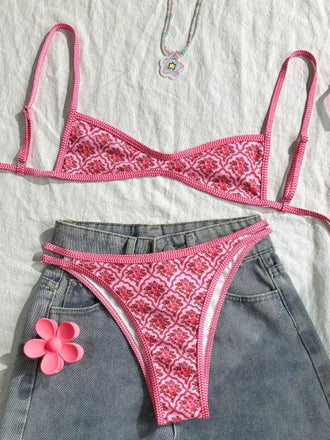 Rosa 1960er Blumen Druck Spaghetti Träger Bikini Set