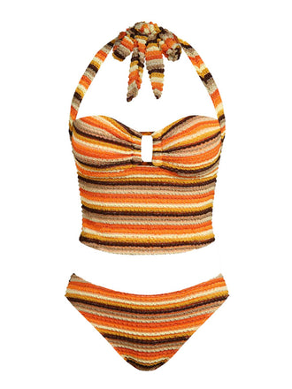 Orange 1980er Stricken Streifen Neckholder Tankini Set