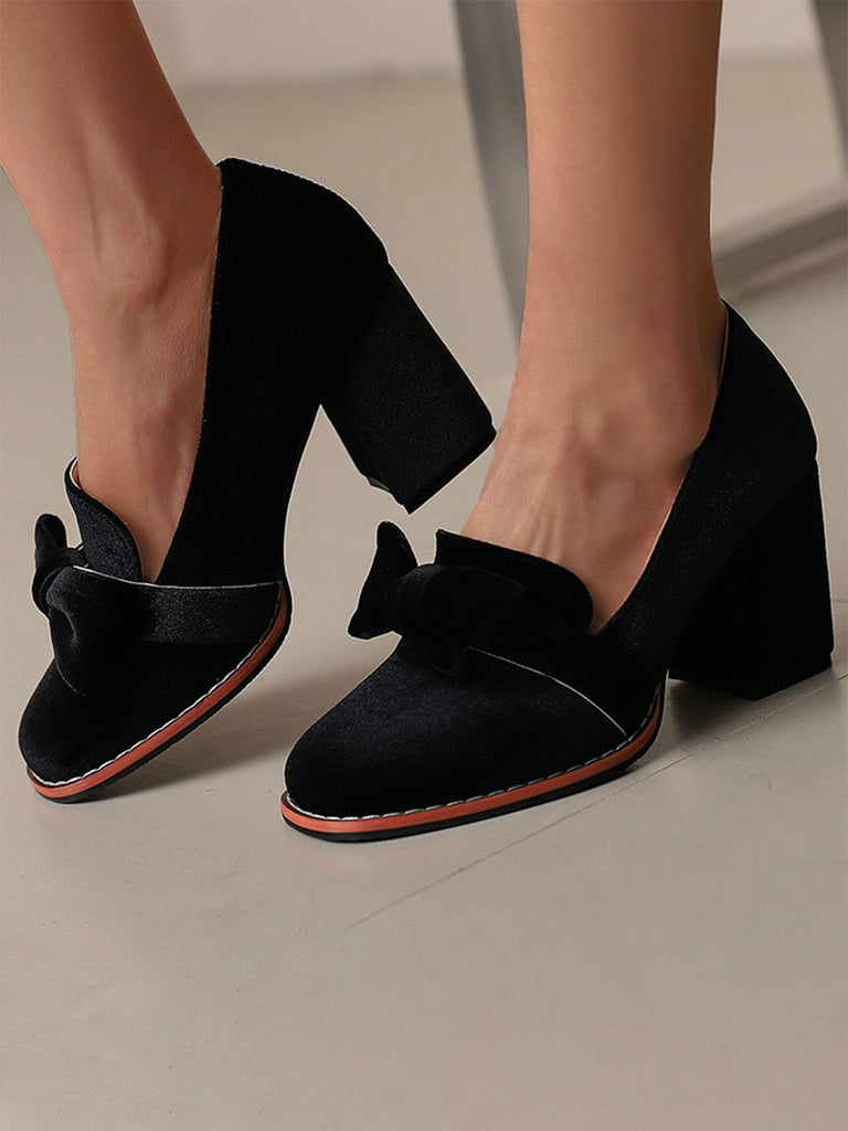 Solide Samt Bogen Detail Block Absatz Schuhe