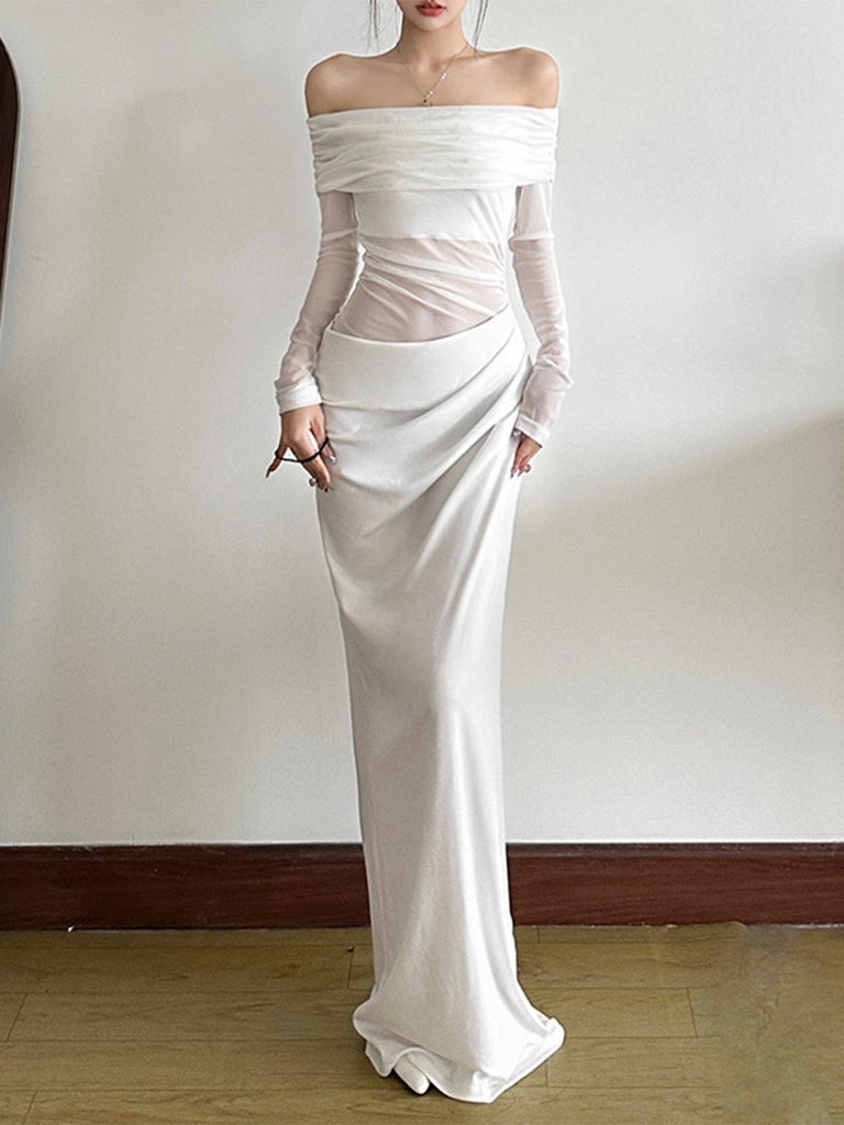 1980er Solide Schulterfrei Netz Cut-Out Durchsichtig Kleid