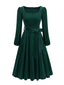 Dunkelgrün 1950er Weihnachten Samt Quadratischer Hals Langarm Kleid