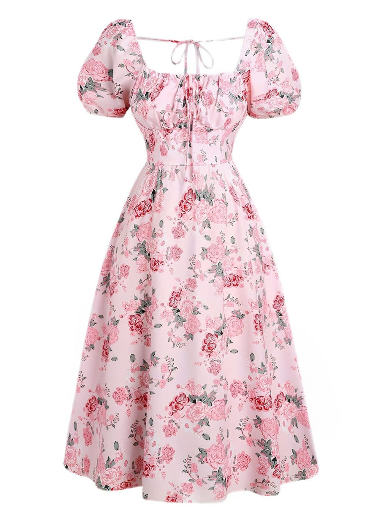 [Übergröße] Rosa 1950er Quadratischer Hals Blumen Kleid