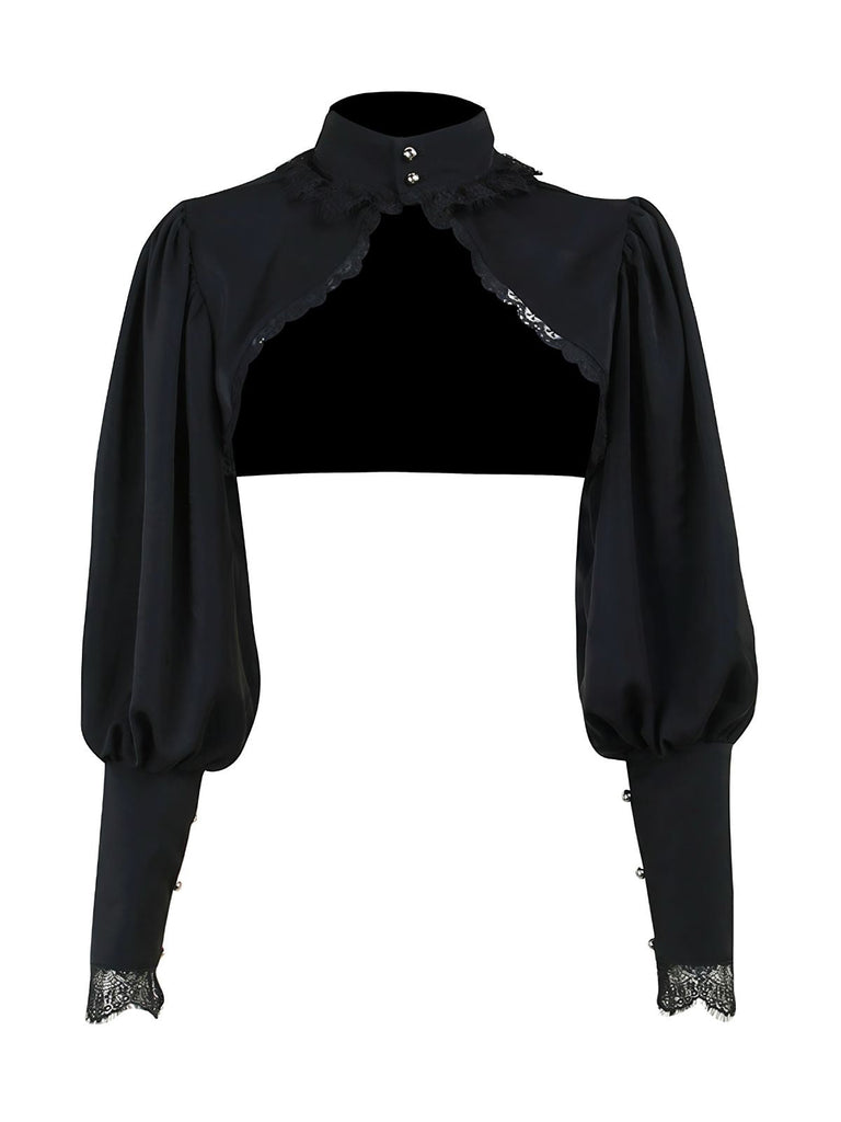 Schwarz 1980er Gothic Spitze Stehkragen Top