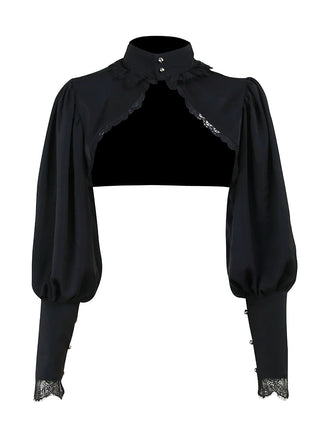 Schwarz 1980er Gothic Spitze Stehkragen Top