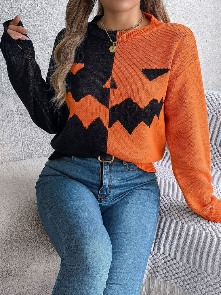 1940er Halloween Kürbis Gesicht Farbblock Stricken Pullover