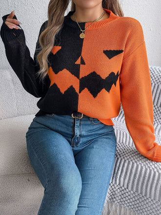 1940er Halloween Kürbis Gesicht Farbblock Stricken Pullover