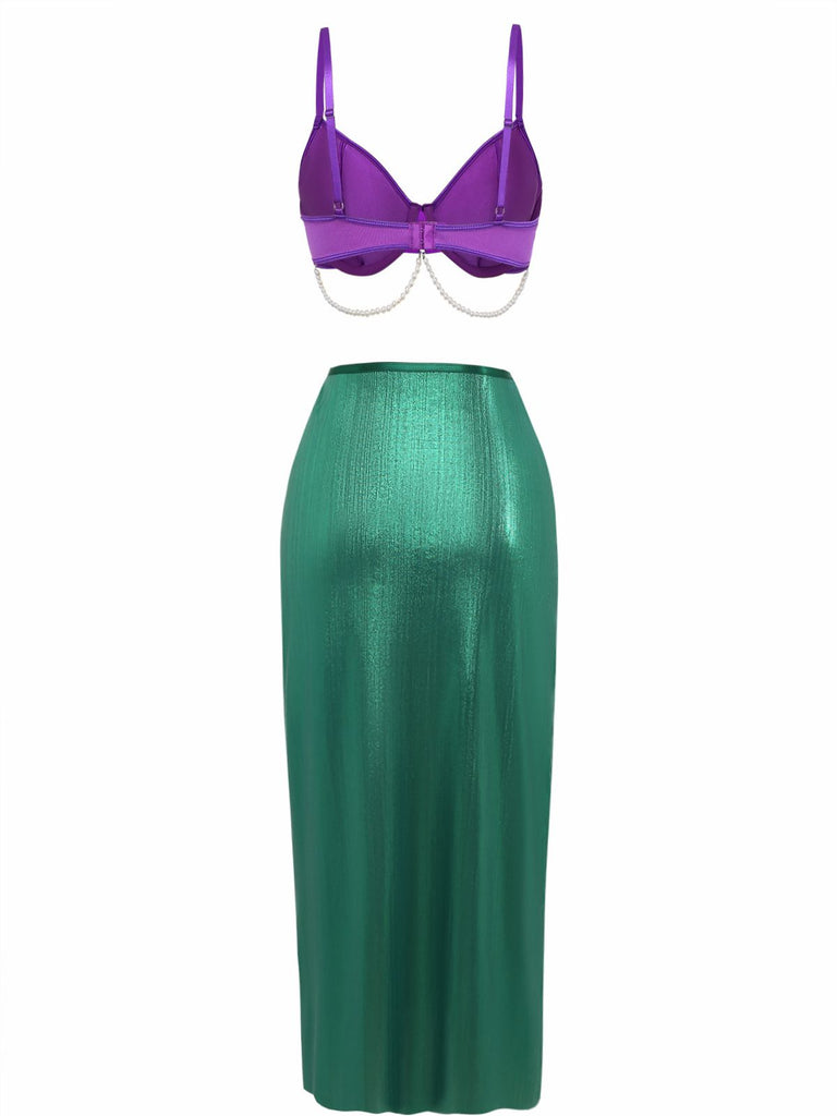 3PCS Lila 1970er Meer Perle Satin Meerjungfrau Nachtwäsche Set