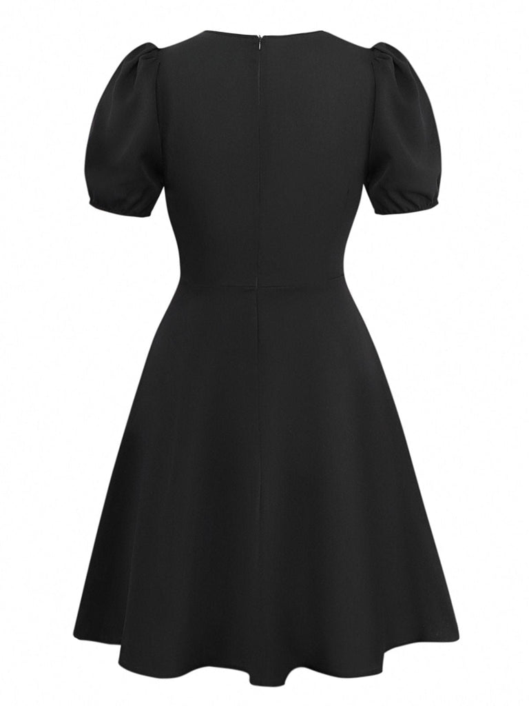 Schwarz 1960er Spitze Kragen Puffärmel Kleid