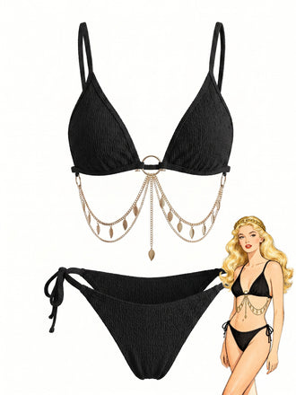 60er Bikini-Set mit Goldkette und gerippt