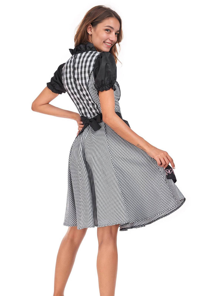 2PCS Schwarz 1950er Oktoberfest Dirndl Puffärmel Gingham Kleid mit Schürze