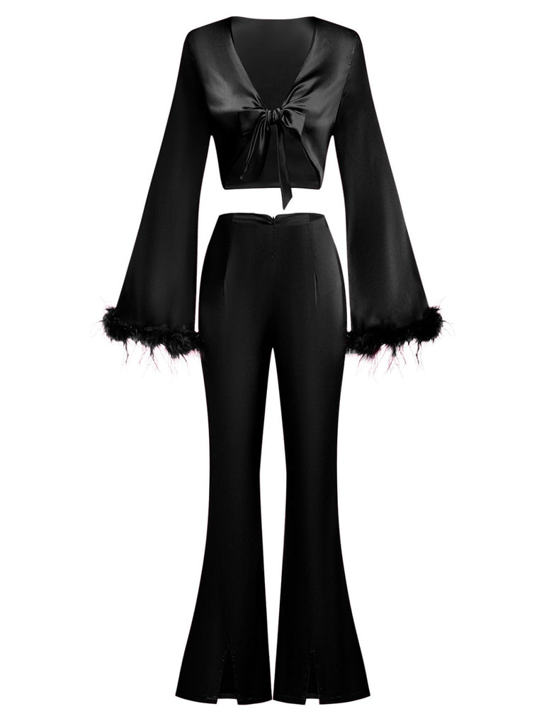 2PCS 1970er Feder Cuff Tie-Up Crop Top & Schlitz Hose