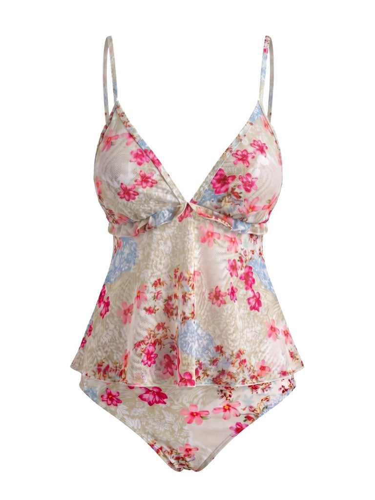 Rosa 30er Tankini-Set mit Spaghettiträger und Blumen