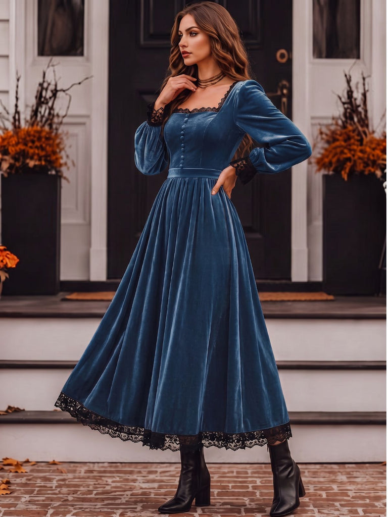 70er Samtkleid mit eckigem Ausschnitt, Spitzenbesatz und Langarm
