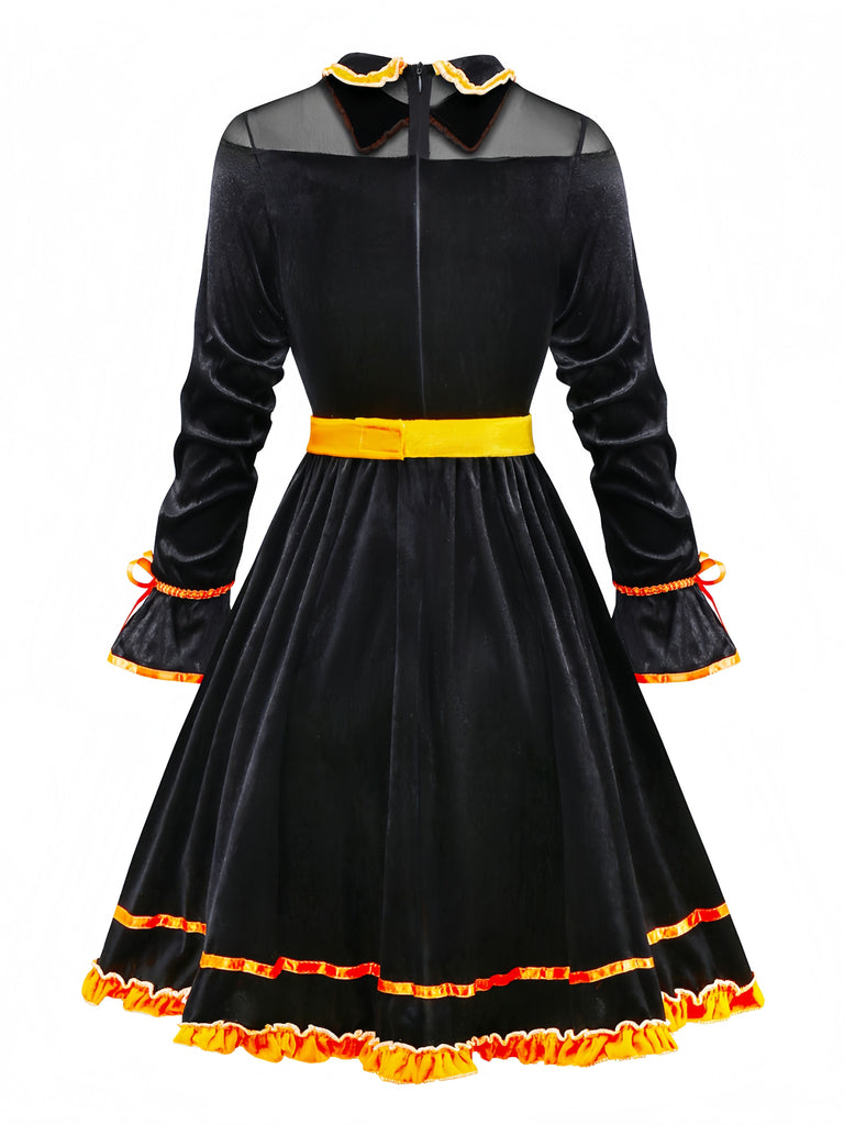 Schwarz 1940er Revers Bogen Patchwork Kleid