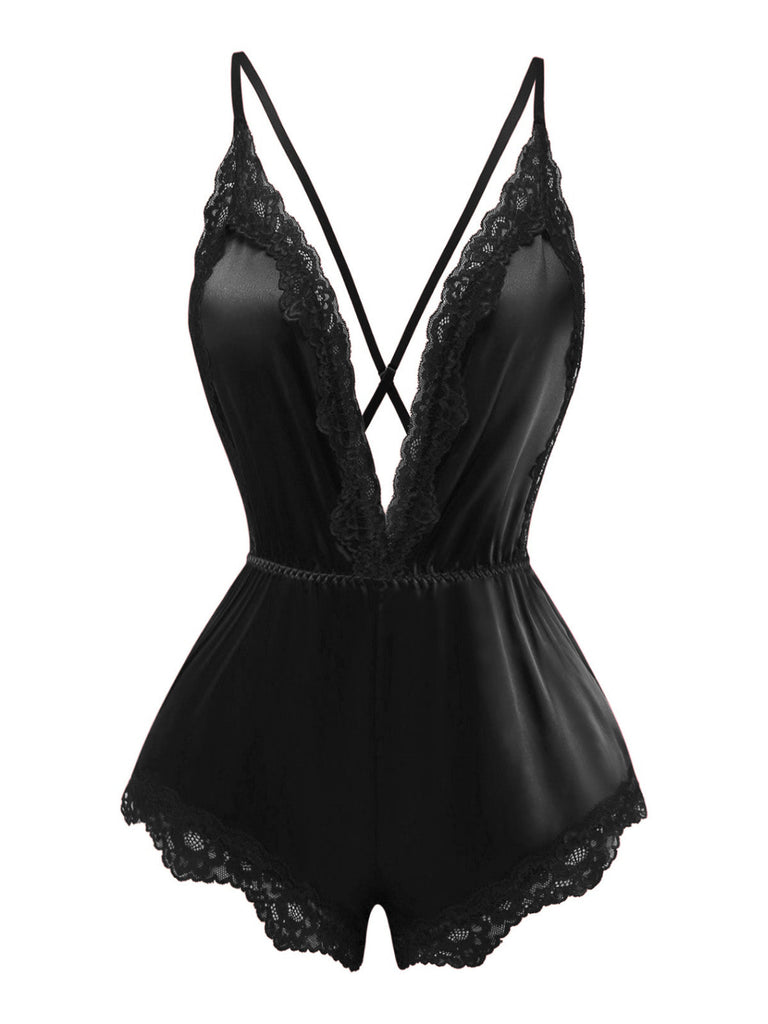 1950er Spitze Satin Tief V Rückenfrei Schlafen Romper